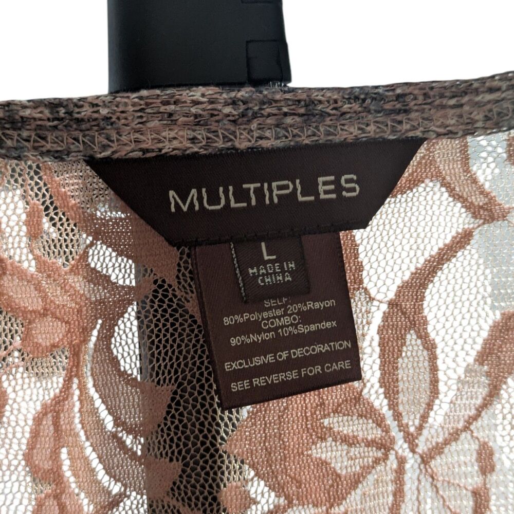 Multiples Lace Trim Cardigan Large Lightweight Open Front Duster Taupe - Picture 6 of 7